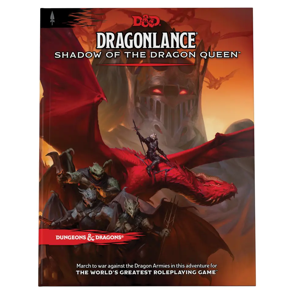 Offizielles Dragonlance-Cover mit einem roten Drachen, gepanzerten Gestalten und dem Helm von Lord Soth.